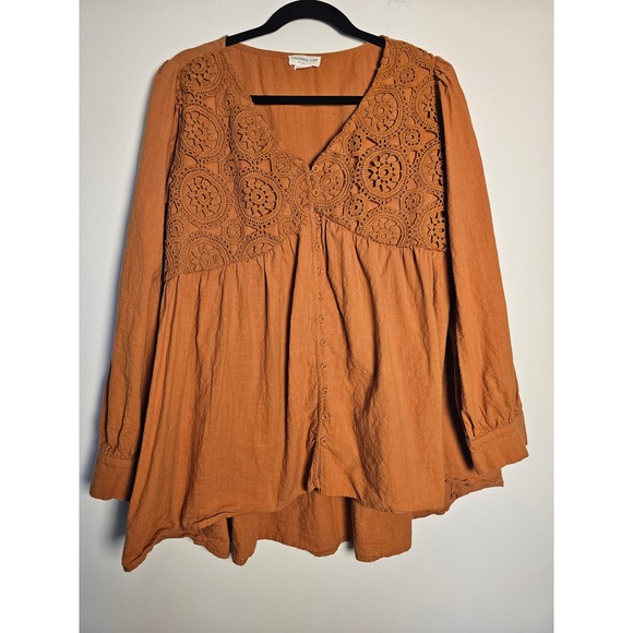 Chic Soul Tops - Boho Chic Soul Crochet Lace Babydoll Blouse Womens 1X Rust Orange Cotton CS-0316